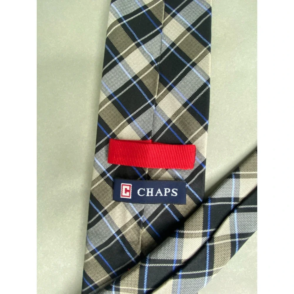 Chaps Mens Tie Black Tan Blue Plaid‎ Silk Classic Preppy